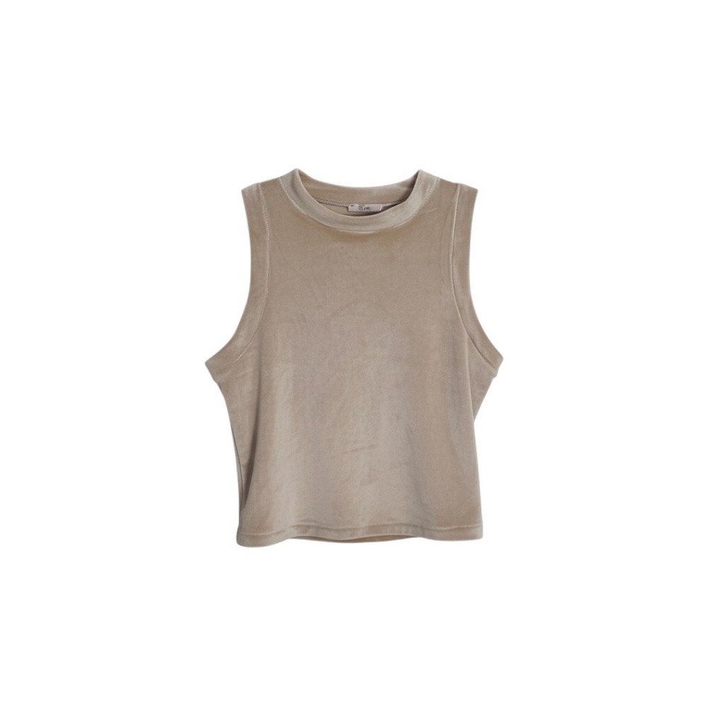 SKIMS Tank Top Women L Beige Velour Crop High Neck Sleeveless Stretch Top
